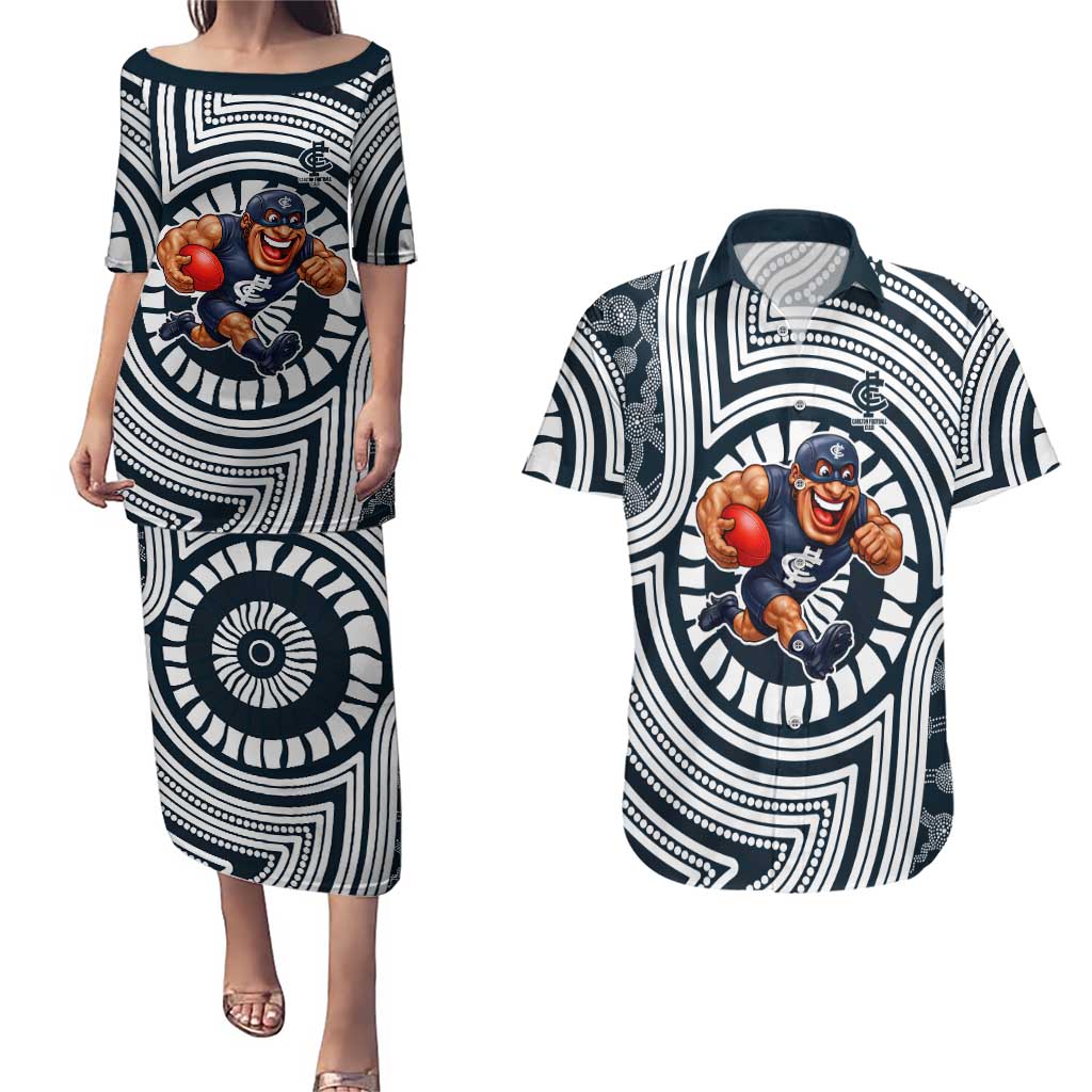 Carlton Football Club Couples Matching Puletasi and Hawaiian Shirt Indigenous Monochrome Dot Art Mascot Style