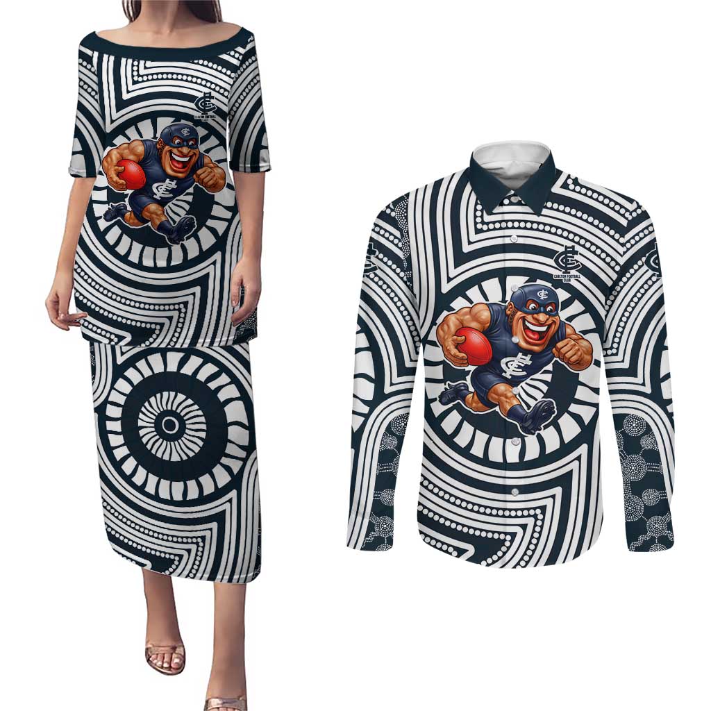 Carlton Football Club Couples Matching Puletasi and Long Sleeve Button Shirt Indigenous Monochrome Dot Art Mascot Style
