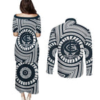 Carlton Football Club Couples Matching Puletasi and Long Sleeve Button Shirt Indigenous Monochrome Dot Art Mascot Style