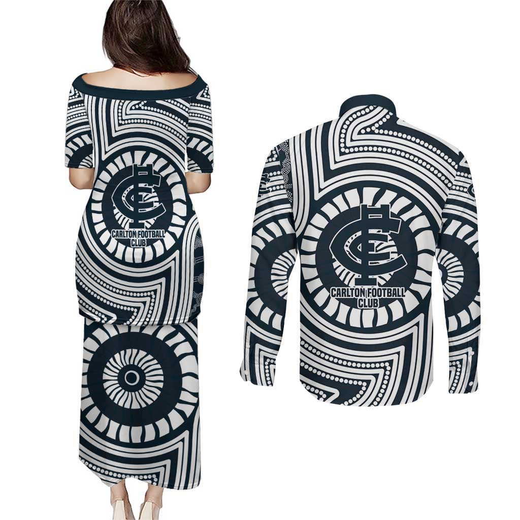 Carlton Football Club Couples Matching Puletasi and Long Sleeve Button Shirt Indigenous Monochrome Dot Art Mascot Style