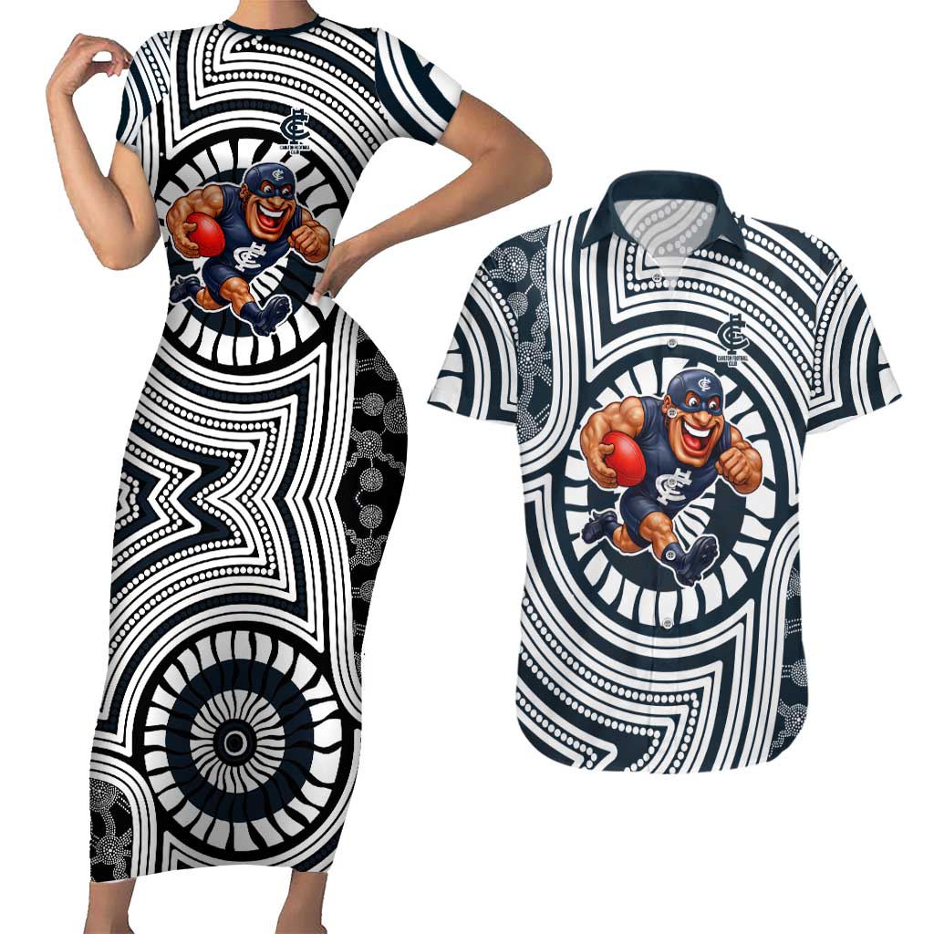 Carlton Football Club Couples Matching Short Sleeve Bodycon Dress and Hawaiian Shirt Indigenous Monochrome Dot Art Mascot Style