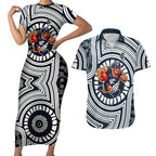 Carlton Football Club Couples Matching Short Sleeve Bodycon Dress and Hawaiian Shirt Indigenous Monochrome Dot Art Mascot Style
