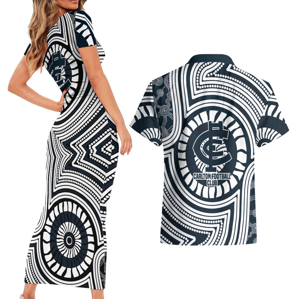 Carlton Football Club Couples Matching Short Sleeve Bodycon Dress and Hawaiian Shirt Indigenous Monochrome Dot Art Mascot Style