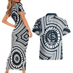 Carlton Football Club Couples Matching Short Sleeve Bodycon Dress and Hawaiian Shirt Indigenous Monochrome Dot Art Mascot Style