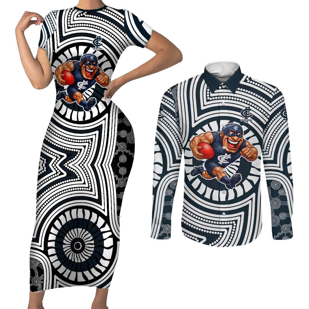 Carlton Football Club Couples Matching Short Sleeve Bodycon Dress and Long Sleeve Button Shirt Indigenous Monochrome Dot Art Mascot Style