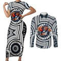 Carlton Football Club Couples Matching Short Sleeve Bodycon Dress and Long Sleeve Button Shirt Indigenous Monochrome Dot Art Mascot Style