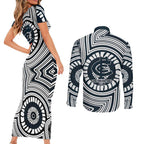 Carlton Football Club Couples Matching Short Sleeve Bodycon Dress and Long Sleeve Button Shirt Indigenous Monochrome Dot Art Mascot Style
