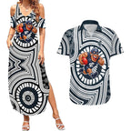 Carlton Football Club Couples Matching Summer Maxi Dress and Hawaiian Shirt Indigenous Monochrome Dot Art Mascot Style