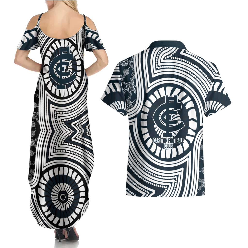 Carlton Football Club Couples Matching Summer Maxi Dress and Hawaiian Shirt Indigenous Monochrome Dot Art Mascot Style