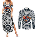 Carlton Football Club Couples Matching Summer Maxi Dress and Long Sleeve Button Shirt Indigenous Monochrome Dot Art Mascot Style