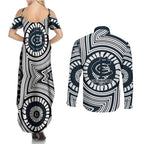 Carlton Football Club Couples Matching Summer Maxi Dress and Long Sleeve Button Shirt Indigenous Monochrome Dot Art Mascot Style