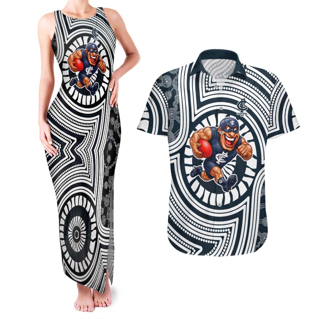 Carlton Football Club Couples Matching Tank Maxi Dress and Hawaiian Shirt Indigenous Monochrome Dot Art Mascot Style