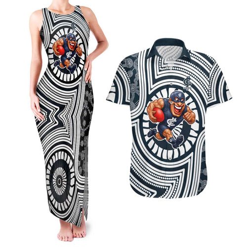 Carlton Football Club Couples Matching Tank Maxi Dress and Hawaiian Shirt Indigenous Monochrome Dot Art Mascot Style