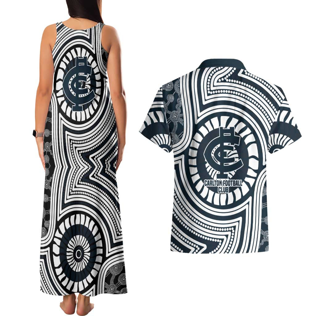 Carlton Football Club Couples Matching Tank Maxi Dress and Hawaiian Shirt Indigenous Monochrome Dot Art Mascot Style
