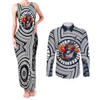 Carlton Football Club Couples Matching Tank Maxi Dress and Long Sleeve Button Shirt Indigenous Monochrome Dot Art Mascot Style