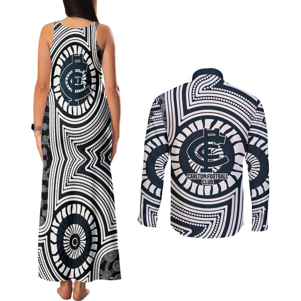 Carlton Football Club Couples Matching Tank Maxi Dress and Long Sleeve Button Shirt Indigenous Monochrome Dot Art Mascot Style