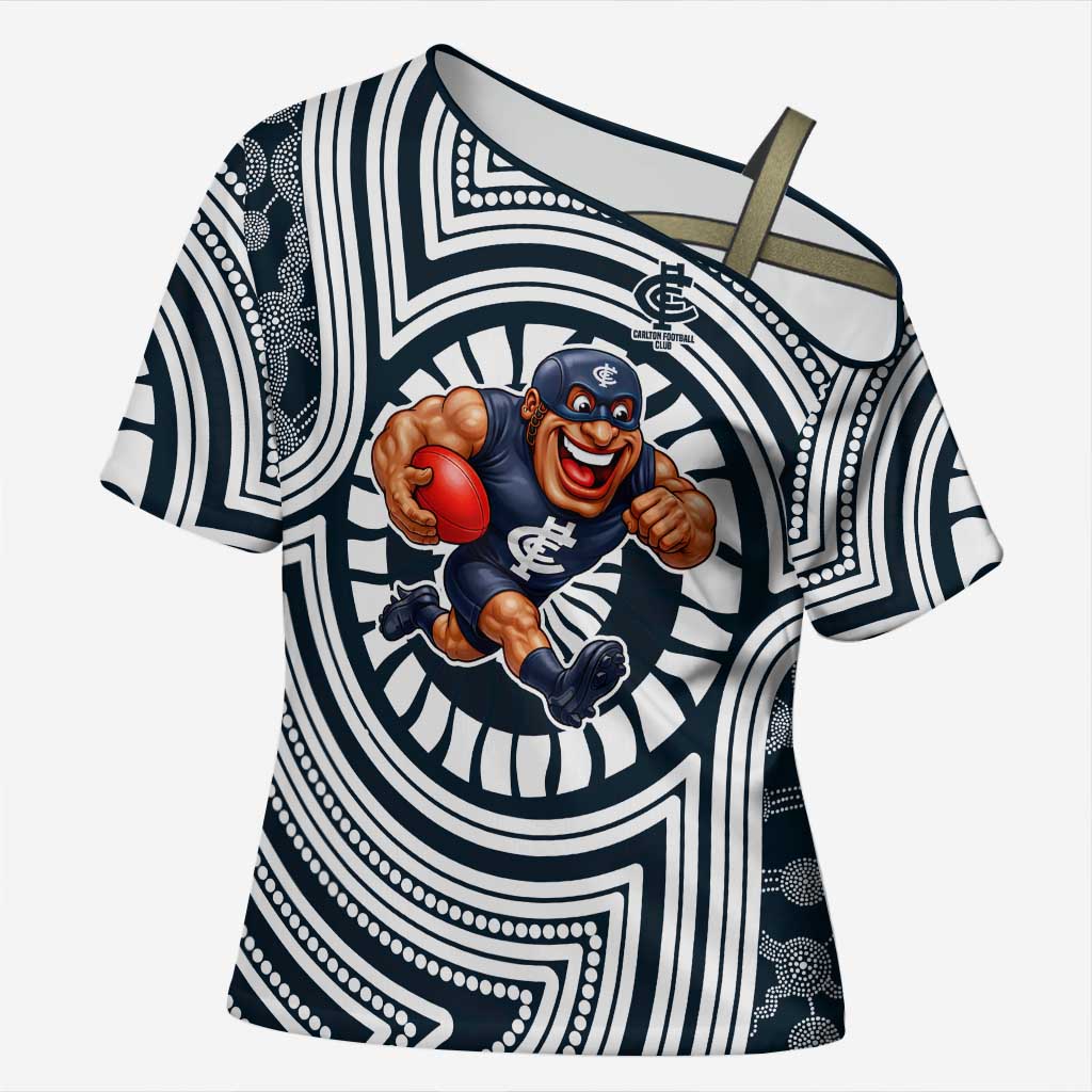 Carlton Football Club Cross Shoulder Shirt Indigenous Monochrome Dot Art Mascot Style