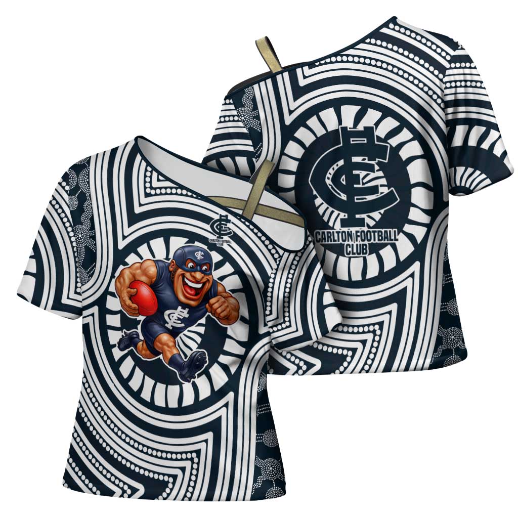 Carlton Football Club Cross Shoulder Shirt Indigenous Monochrome Dot Art Mascot Style