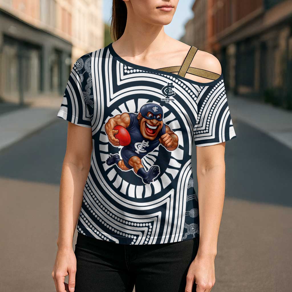 Carlton Football Club Cross Shoulder Shirt Indigenous Monochrome Dot Art Mascot Style