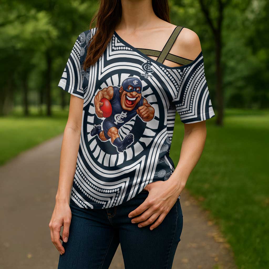 Carlton Football Club Cross Shoulder Shirt Indigenous Monochrome Dot Art Mascot Style