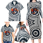 Carlton Football Club Family Matching Long Sleeve Bodycon Dress and Hawaiian Shirt Indigenous Monochrome Dot Art Mascot Style