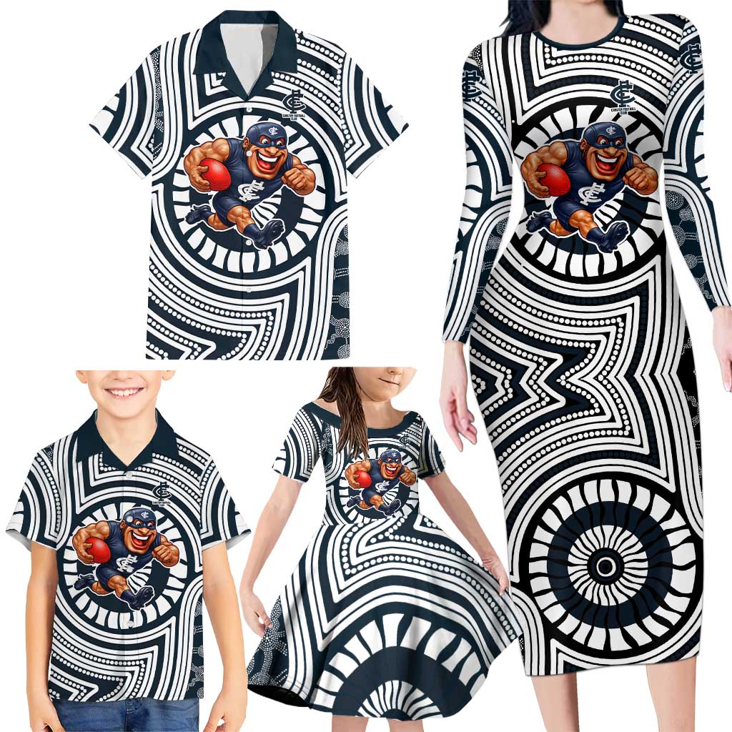 Carlton Football Club Family Matching Long Sleeve Bodycon Dress and Hawaiian Shirt Indigenous Monochrome Dot Art Mascot Style