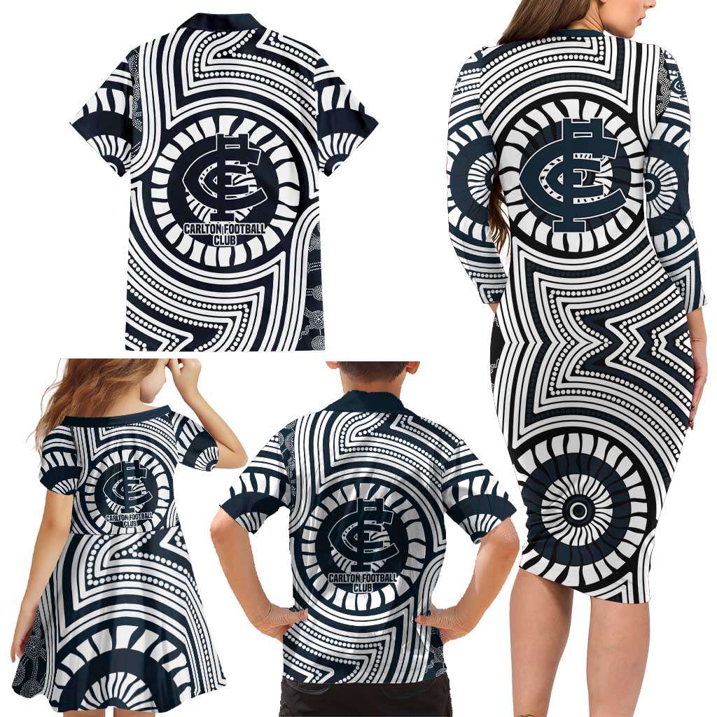 Carlton Football Club Family Matching Long Sleeve Bodycon Dress and Hawaiian Shirt Indigenous Monochrome Dot Art Mascot Style