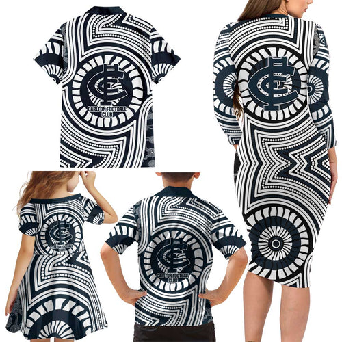 Carlton Football Club Family Matching Long Sleeve Bodycon Dress and Hawaiian Shirt Indigenous Monochrome Dot Art Mascot Style