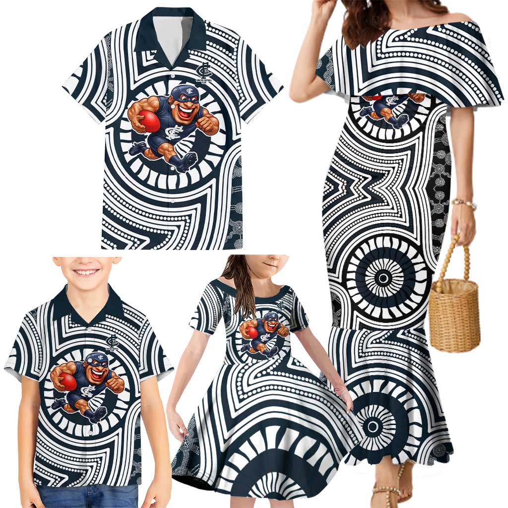 Carlton Football Club Family Matching Mermaid Dress and Hawaiian Shirt Indigenous Monochrome Dot Art Mascot Style