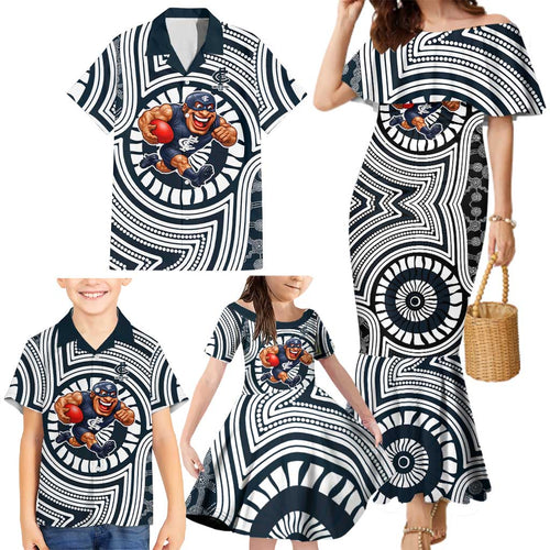 Carlton Football Club Family Matching Mermaid Dress and Hawaiian Shirt Indigenous Monochrome Dot Art Mascot Style