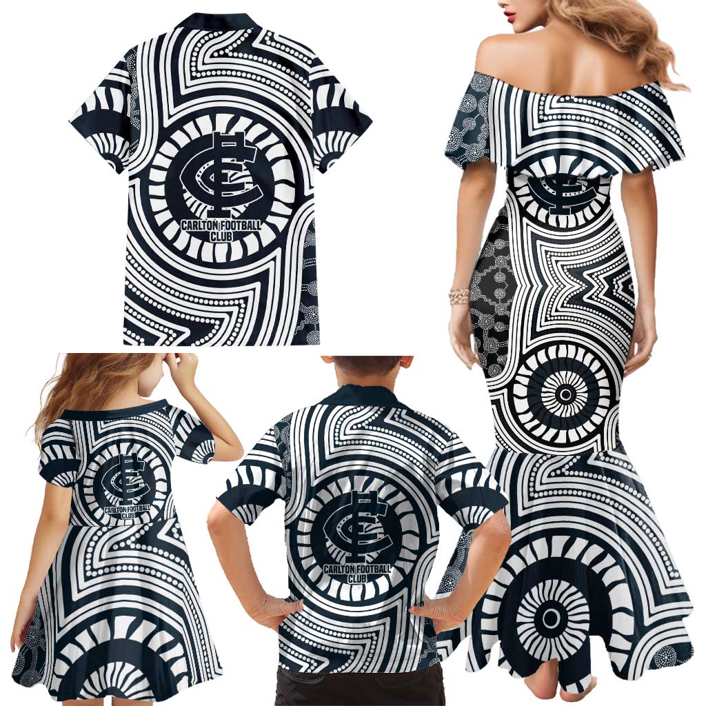Carlton Football Club Family Matching Mermaid Dress and Hawaiian Shirt Indigenous Monochrome Dot Art Mascot Style