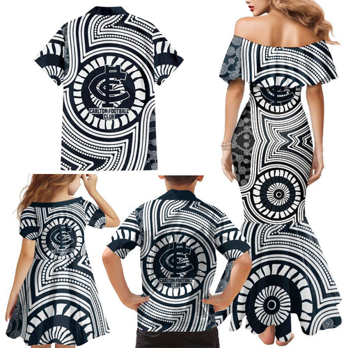 Carlton Football Club Family Matching Mermaid Dress and Hawaiian Shirt Indigenous Monochrome Dot Art Mascot Style