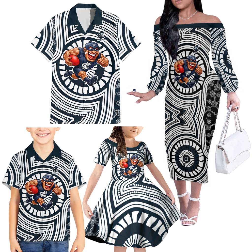 Carlton Football Club Family Matching Off The Shoulder Long Sleeve Dress and Hawaiian Shirt Indigenous Monochrome Dot Art Mascot Style