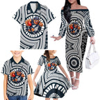 Carlton Football Club Family Matching Off The Shoulder Long Sleeve Dress and Hawaiian Shirt Indigenous Monochrome Dot Art Mascot Style