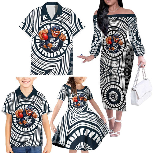 Carlton Football Club Family Matching Off The Shoulder Long Sleeve Dress and Hawaiian Shirt Indigenous Monochrome Dot Art Mascot Style
