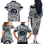 Carlton Football Club Family Matching Off The Shoulder Long Sleeve Dress and Hawaiian Shirt Indigenous Monochrome Dot Art Mascot Style