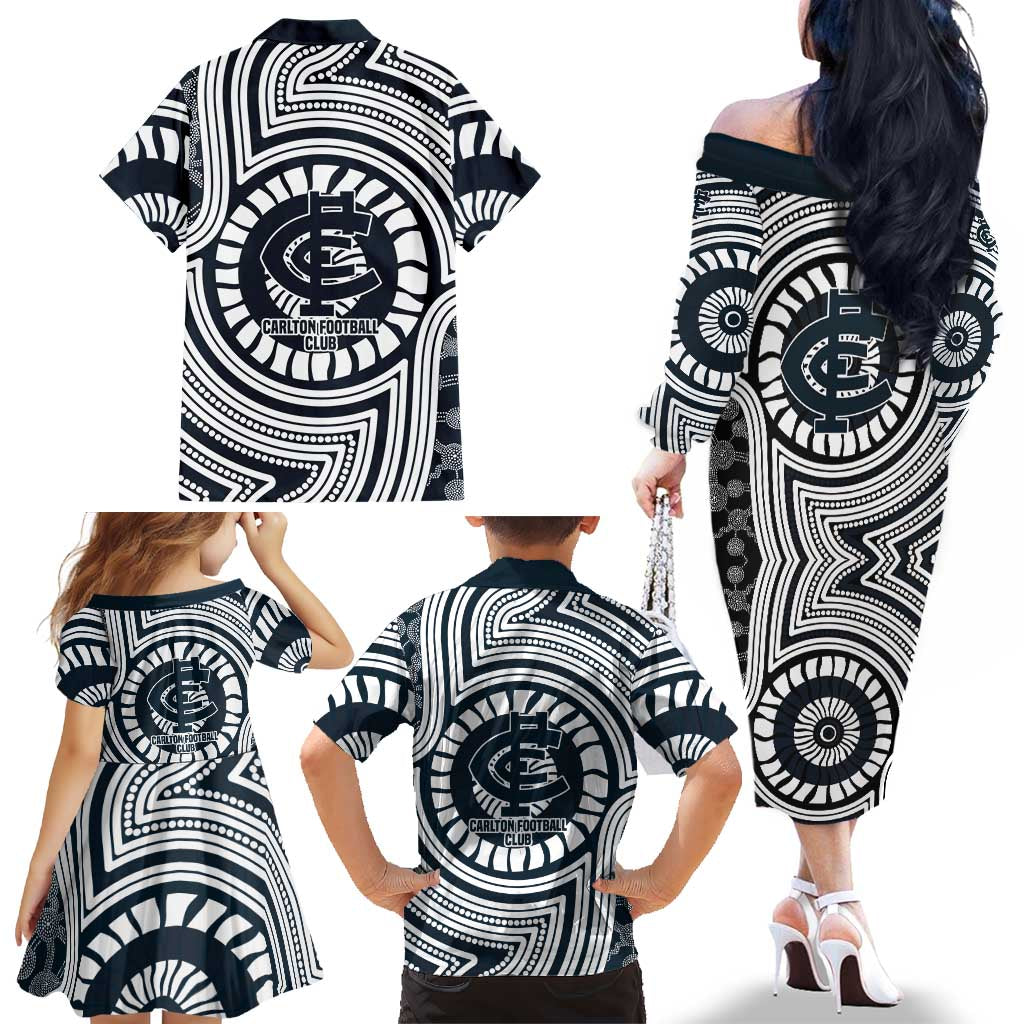 Carlton Football Club Family Matching Off The Shoulder Long Sleeve Dress and Hawaiian Shirt Indigenous Monochrome Dot Art Mascot Style