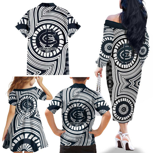 Carlton Football Club Family Matching Off The Shoulder Long Sleeve Dress and Hawaiian Shirt Indigenous Monochrome Dot Art Mascot Style
