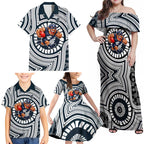 Carlton Football Club Family Matching Off Shoulder Maxi Dress and Hawaiian Shirt Indigenous Monochrome Dot Art Mascot Style