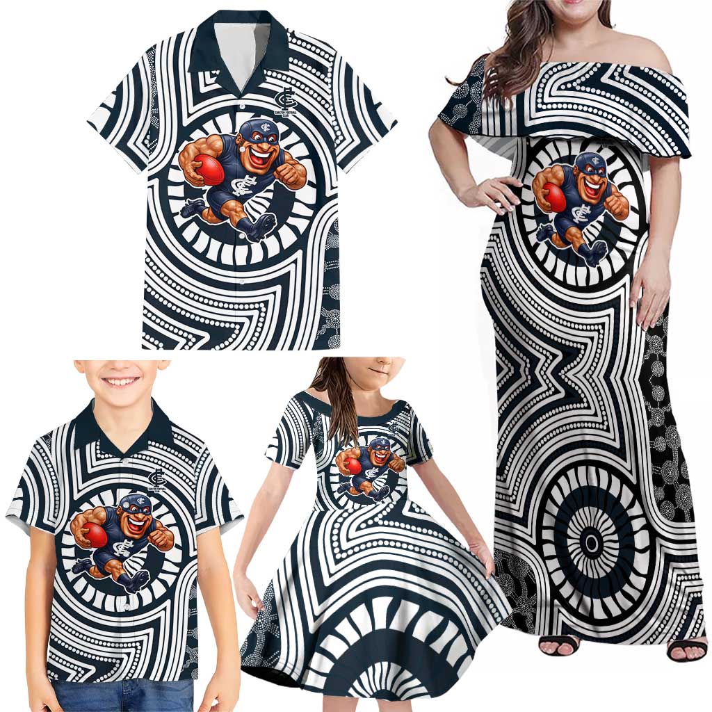 Carlton Football Club Family Matching Off Shoulder Maxi Dress and Hawaiian Shirt Indigenous Monochrome Dot Art Mascot Style