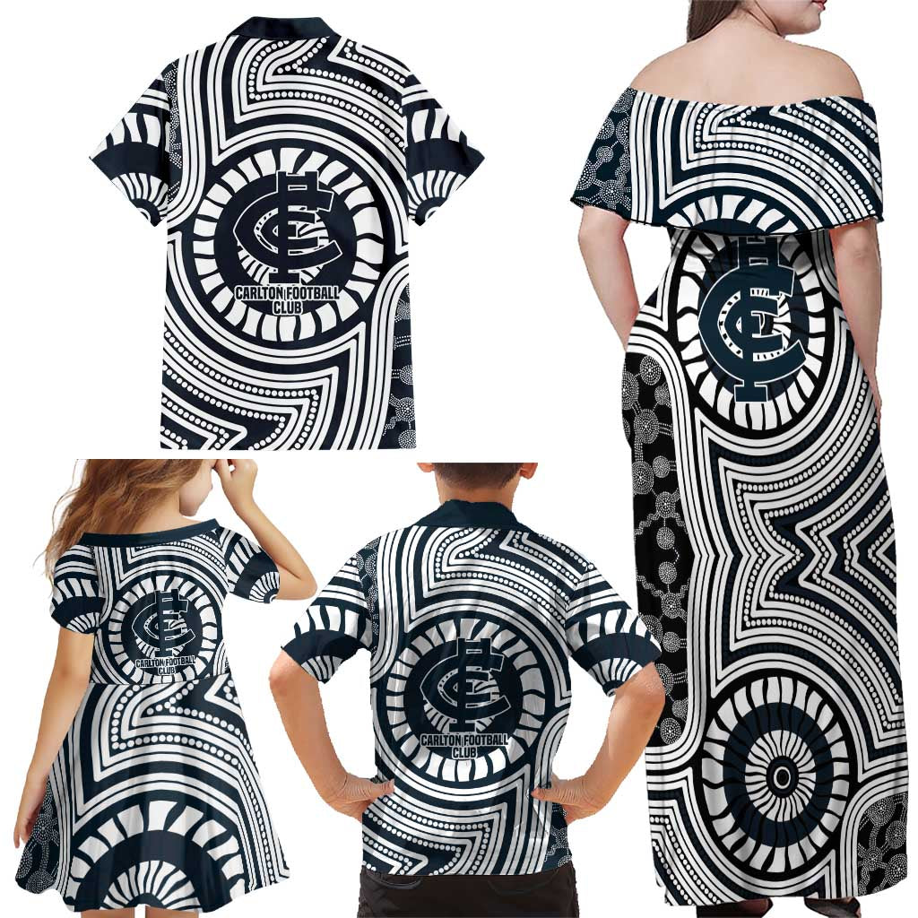 Carlton Football Club Family Matching Off Shoulder Maxi Dress and Hawaiian Shirt Indigenous Monochrome Dot Art Mascot Style
