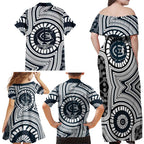 Carlton Football Club Family Matching Off Shoulder Maxi Dress and Hawaiian Shirt Indigenous Monochrome Dot Art Mascot Style