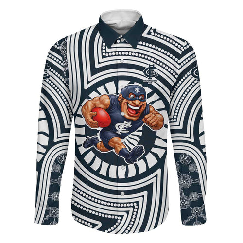 Carlton Football Club Family Matching Off Shoulder Maxi Dress and Hawaiian Shirt Indigenous Monochrome Dot Art Mascot Style