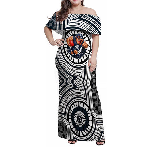 Carlton Football Club Family Matching Off Shoulder Maxi Dress and Hawaiian Shirt Indigenous Monochrome Dot Art Mascot Style