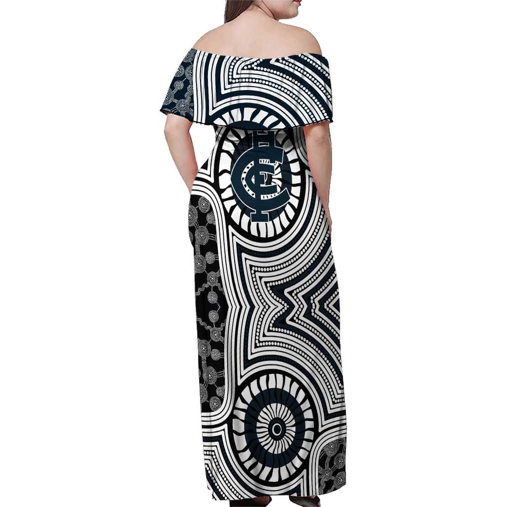 Carlton Football Club Family Matching Off Shoulder Maxi Dress and Hawaiian Shirt Indigenous Monochrome Dot Art Mascot Style