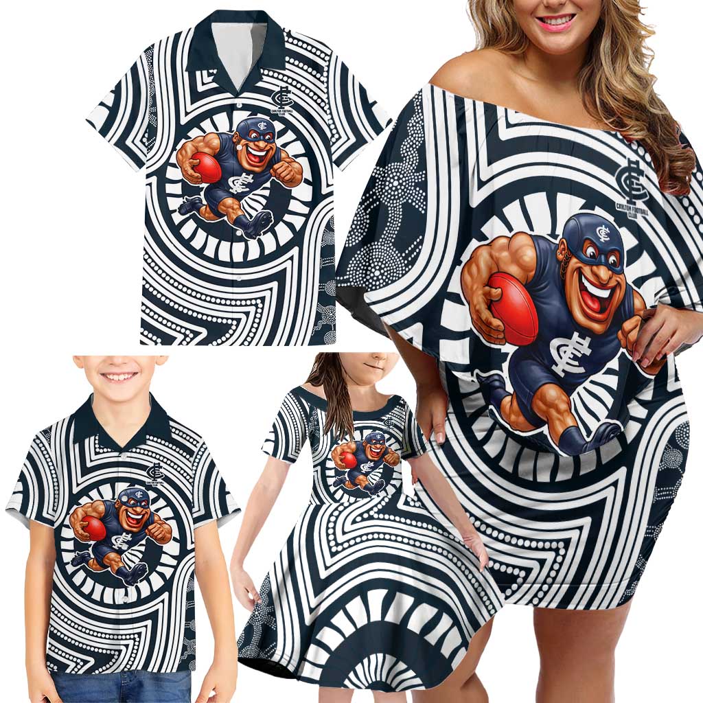 Carlton Football Club Family Matching Off Shoulder Short Dress and Hawaiian Shirt Indigenous Monochrome Dot Art Mascot Style