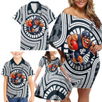 Carlton Football Club Family Matching Off Shoulder Short Dress and Hawaiian Shirt Indigenous Monochrome Dot Art Mascot Style