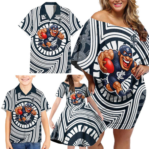 Carlton Football Club Family Matching Off Shoulder Short Dress and Hawaiian Shirt Indigenous Monochrome Dot Art Mascot Style