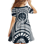 Carlton Football Club Family Matching Off Shoulder Short Dress and Hawaiian Shirt Indigenous Monochrome Dot Art Mascot Style