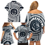 Carlton Football Club Family Matching Off Shoulder Short Dress and Hawaiian Shirt Indigenous Monochrome Dot Art Mascot Style
